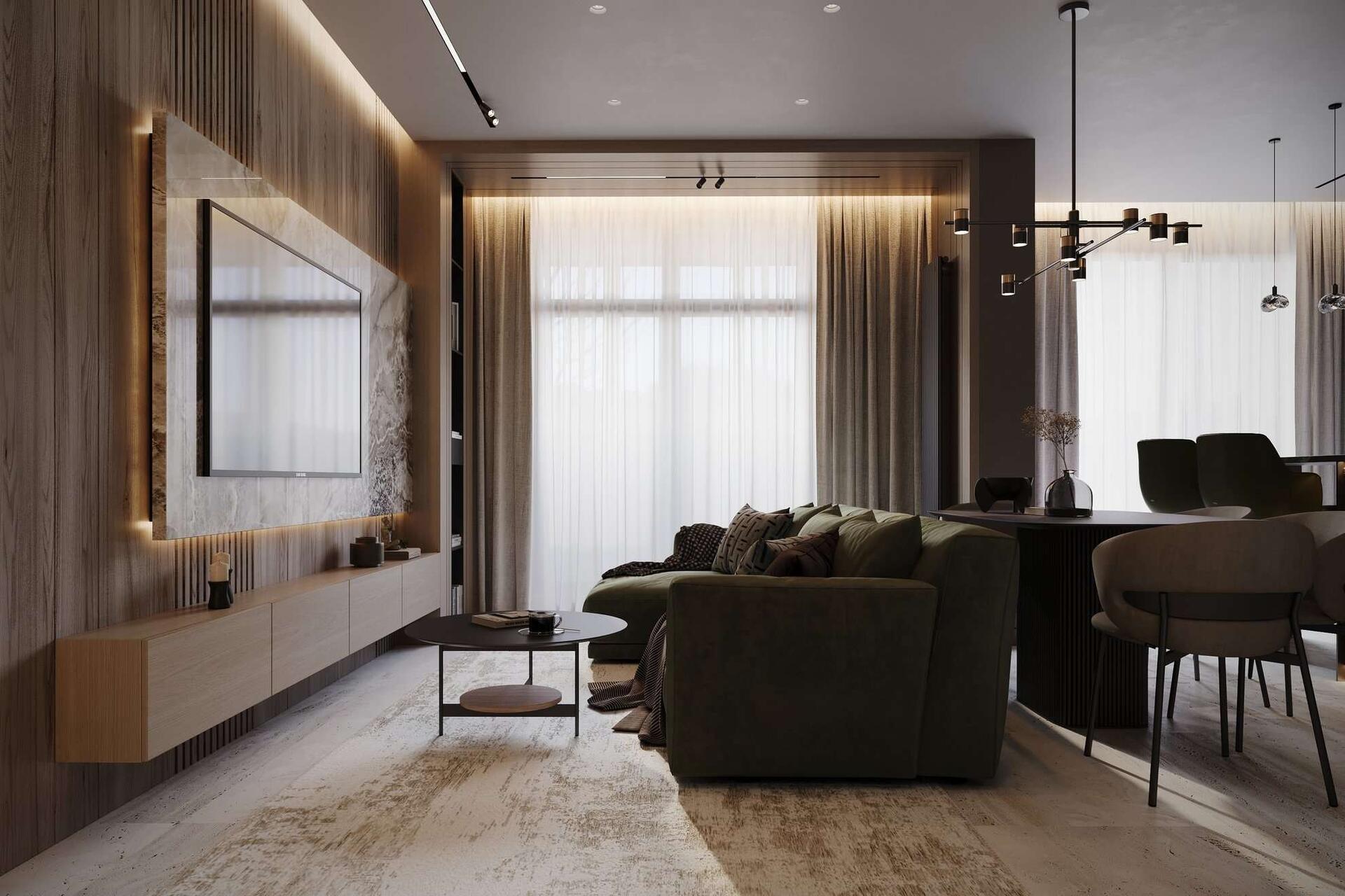 Diseño de apartamento en tonos oscuros - Vista principal del salón